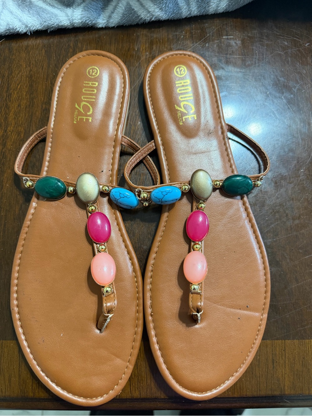 Rouge! Tan Jeweled T-Strap Sandals with Multicolor Stones